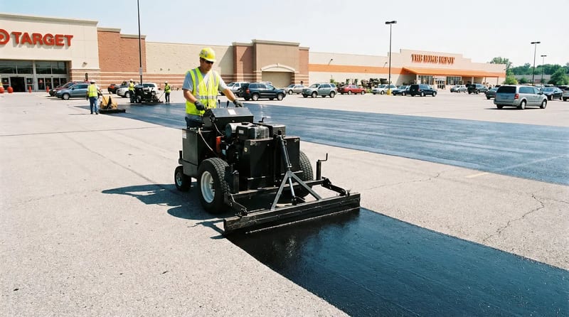 Commercial parking lot being sealcoated in sections